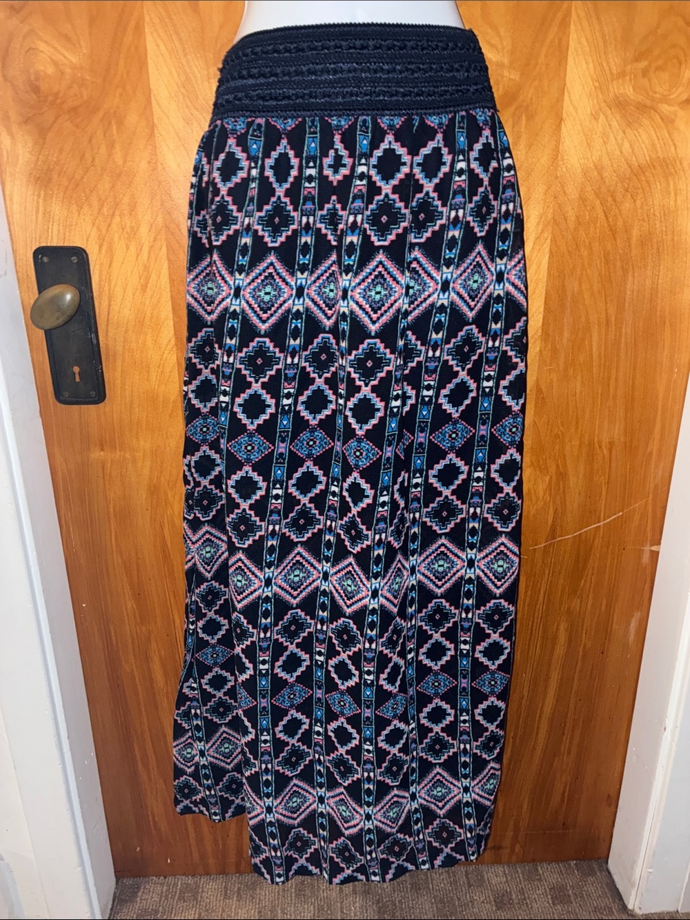 No Comment Boho Aztec Navy Blue, Pink, Blue & White Print Maxi Skirt - Size M